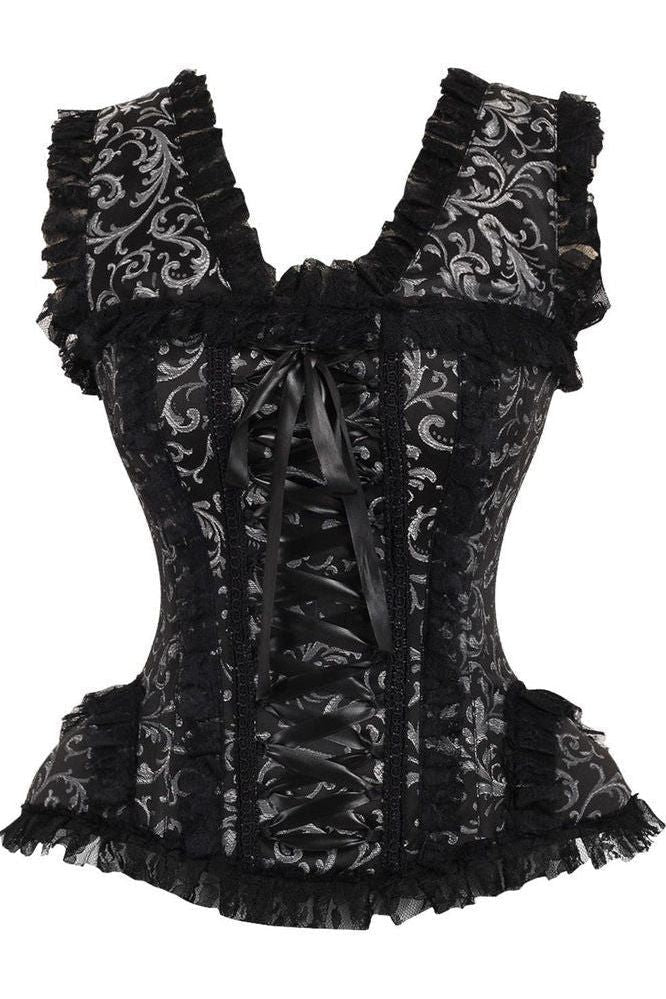 Top Drawer Silver/Black Swirl Brocade & Lace Steel Boned Corset w/Cap Sleeves - Daisy Corsets