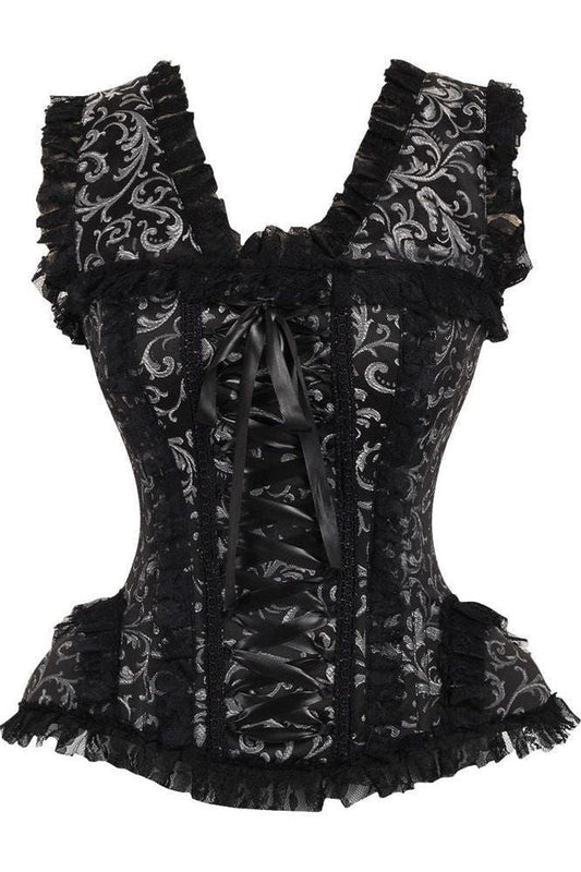 Top Drawer Silver/Black Swirl Brocade & Lace Steel Boned Corset w/Cap Sleeves - Daisy Corsets