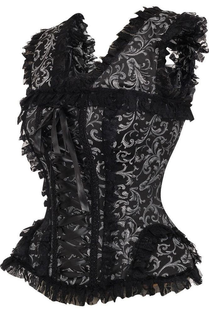 Top Drawer Silver/Black Swirl Brocade & Lace Steel Boned Corset w/Cap Sleeves - Daisy Corsets