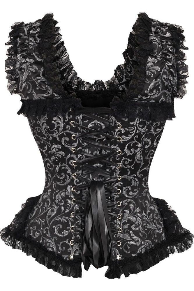 Top Drawer Silver/Black Swirl Brocade & Lace Steel Boned Corset w/Cap Sleeves - Daisy Corsets