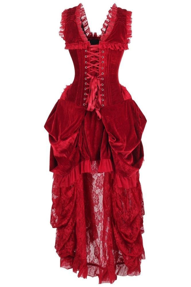 Top Drawer Steel Boned Dark Red Velvet Victorian Bustle Corset Dress - Daisy Corsets