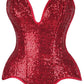 Top Drawer Steel Boned Red Sequin Plunge Neckline Overbust Corset - Daisy Corsets