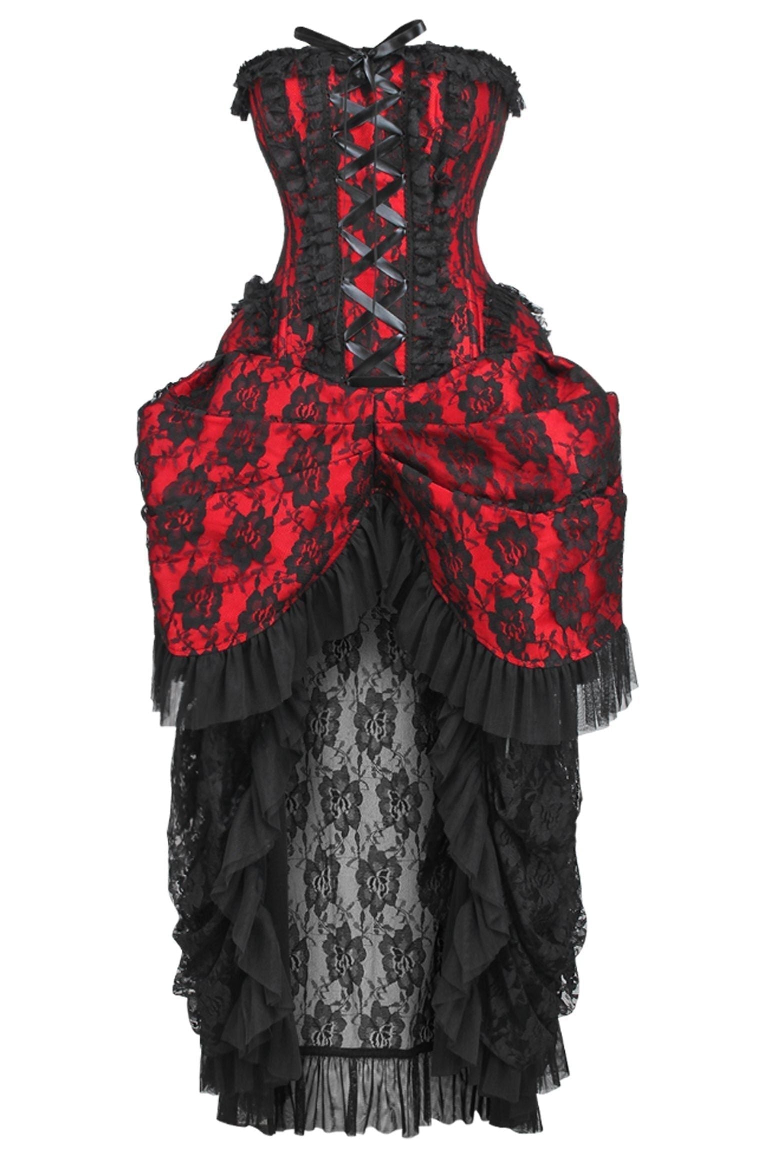 Top Drawer Steel Boned Red w/Black Lace Bustle Corset Dress - Daisy Corsets