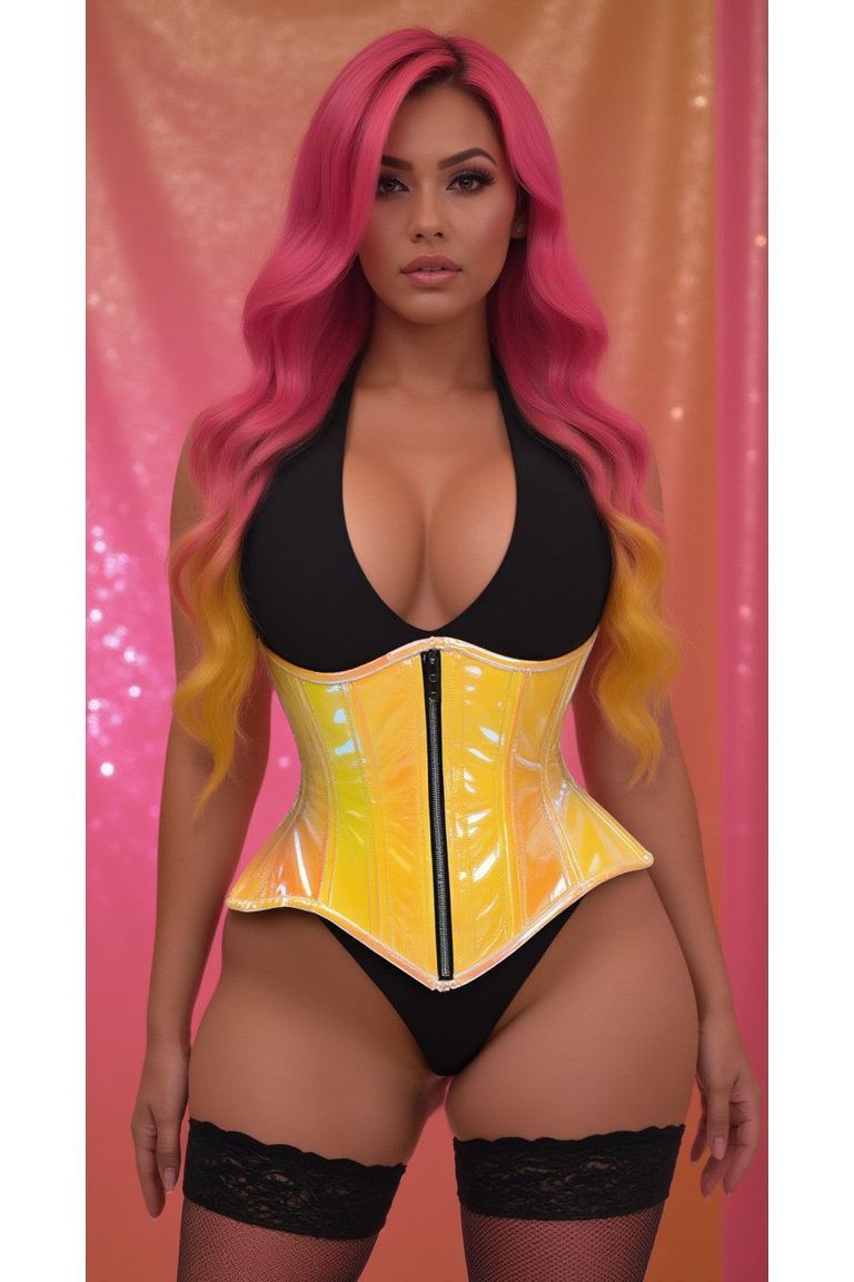 Top Drawer Yellow/Pink Holo Double Steel Boned Underbust Waist Cincher Corset - Daisy Corsets