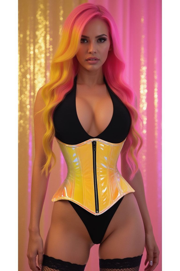 Top Drawer Yellow/Pink Holo Double Steel Boned Underbust Waist Cincher Corset - Daisy Corsets