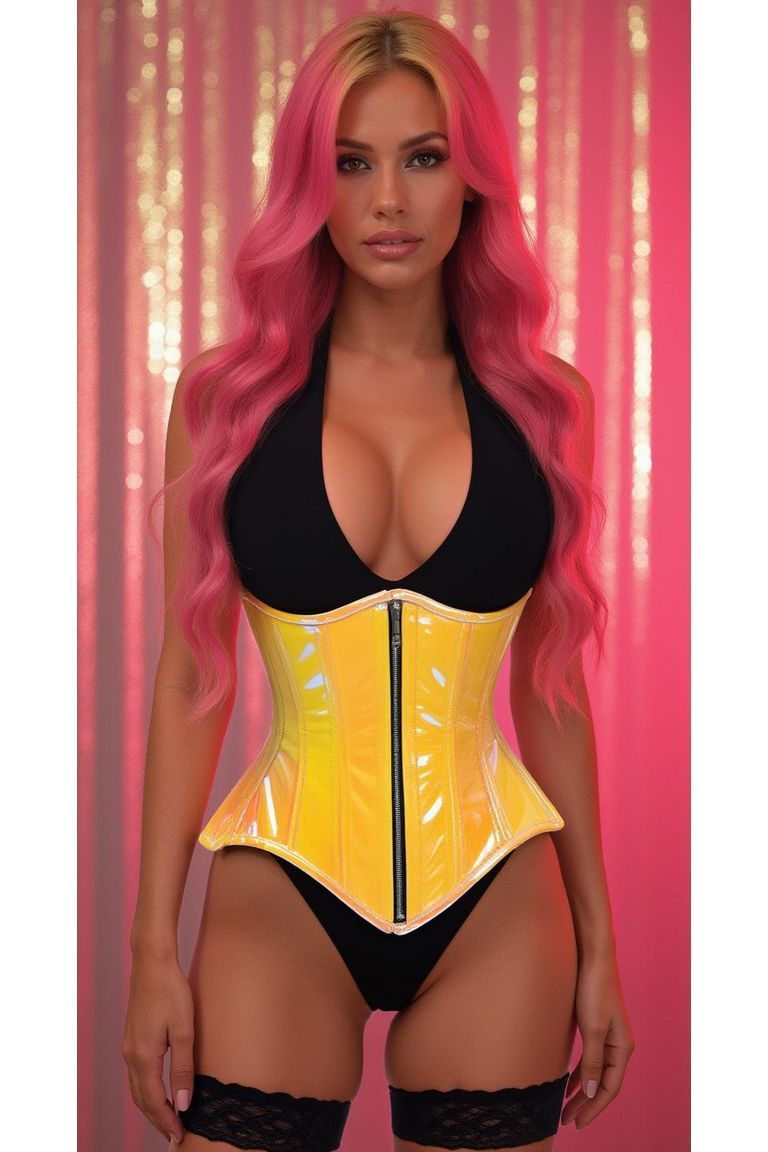 Top Drawer Yellow/Pink Holo Double Steel Boned Underbust Waist Cincher Corset - Daisy Corsets