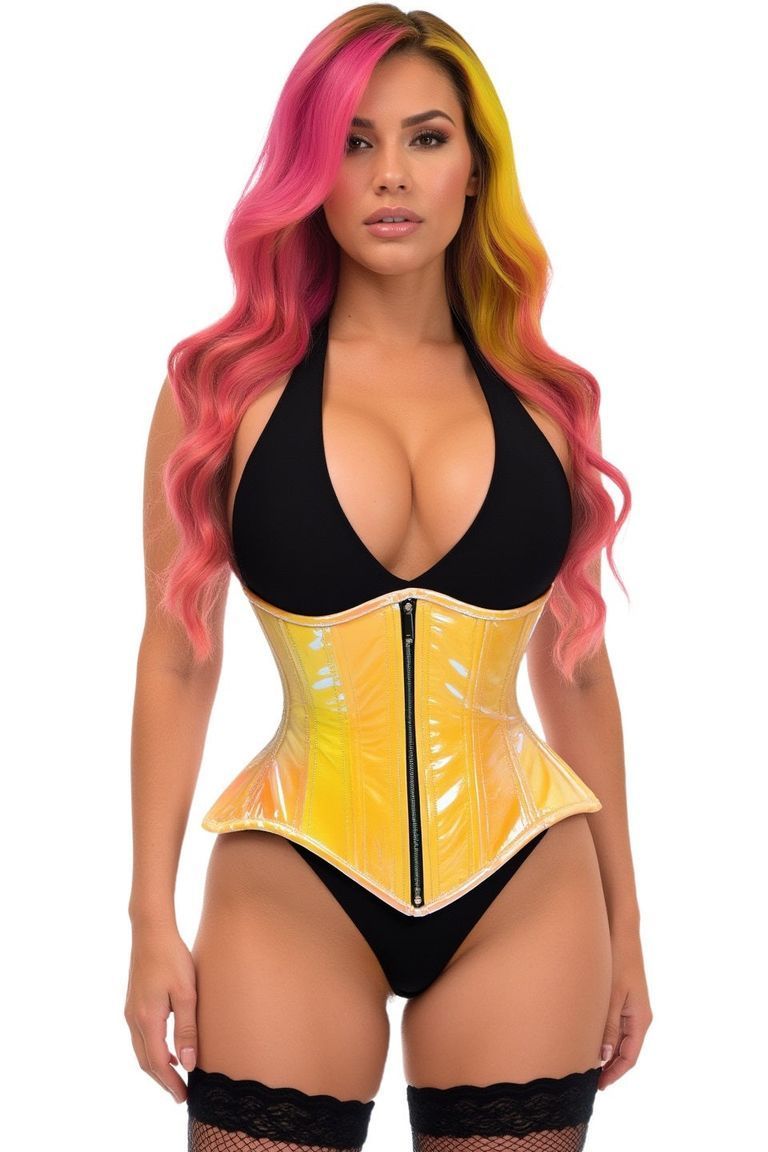 Top Drawer Yellow/Pink Holo Double Steel Boned Underbust Waist Cincher Corset - Daisy Corsets