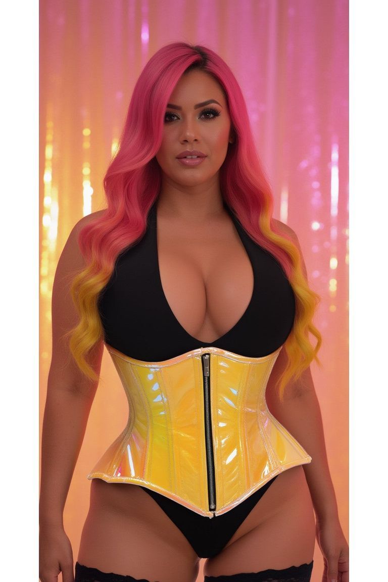 Top Drawer Yellow/Pink Holo Double Steel Boned Underbust Waist Cincher Corset - Daisy Corsets