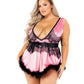 LI480 - 2PC Satin & Lace Babydoll with Tie & Faux Feather Detail